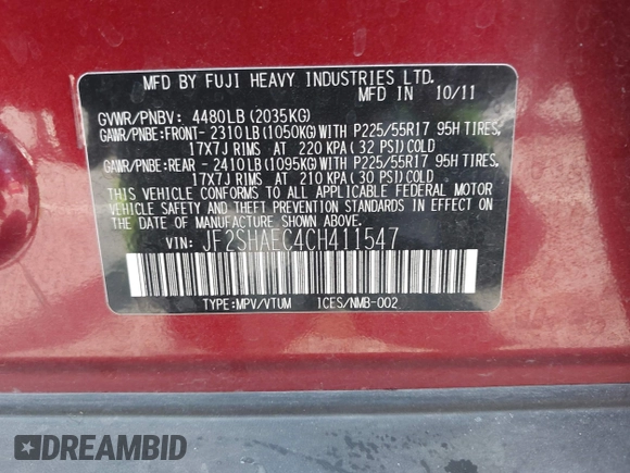 2012 Subaru Forester X Limited with VIN JF2SHAEC4CH411547, listed as a IAAI auction lot 42444452 with 112,797 mi miles and . Bid and sale history available at DreamBid. Image 9.