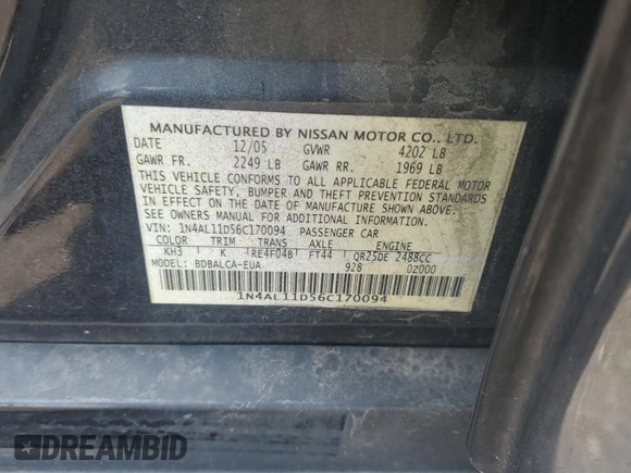 2006 Nissan Altima S z VIN 1N4AL11D56C170094, wystawiony jako Copart lot #59946295 z przebiegiem 218 366 mil mil oraz Szkoda całkowita • Salvage title. Historia ofert i sprzedaży dostępna na DreamBid. Obrazek 13.