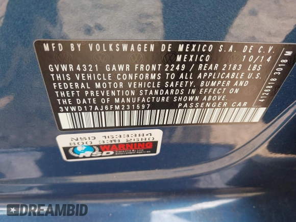 2015 Volkswagen Jetta SE with VIN 3VWD17AJ6FM231597, listed as a IAAI auction lot 42718275 with Not provided miles and . Bid and sale history available at DreamBid. Image 9.