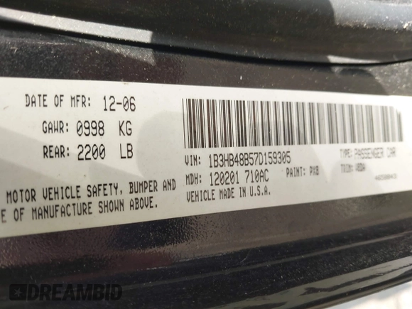 2007 Dodge Caliber SXT with VIN 1B3HB48B57D159305, listed as a IAAI auction lot 42095938 with 120,684 mi miles and . Bid and sale history available at DreamBid. Image 9.