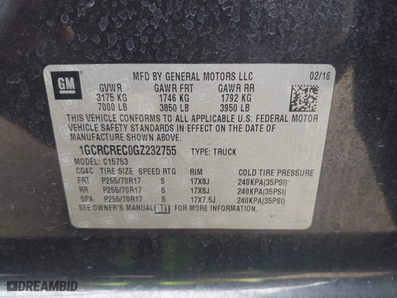 2016 Chevrolet Silverado 1500 LT with VIN 1GCRCREC0GZ232755, listed as a IAAI auction lot 41459604 with 131,600 mi miles. Bid and sale history available at carsss.com. Image 9.