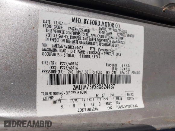 2008 Mercury Grand Marquis LS with VIN 2MEFM75V28X624437, listed as a IAAI auction lot 42101089 with Not Provided miles and . Bid and sale history available at DreamBid. Image 9.