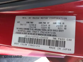 2016 Mazda 6 i Sport with VIN JM1GJ1U55G1436032, listed as a IAAI auction lot 41547828 with 114,637 mi miles and . Bid and sale history available at carsss.com. Image 9.