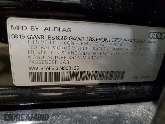 2020 Audi A8 L with VIN WAU8EAF80LN003136, listed as a Copart auction lot 75934923 with 28,331 mi miles. Bid and sale history available at carsss.com. Image 13.