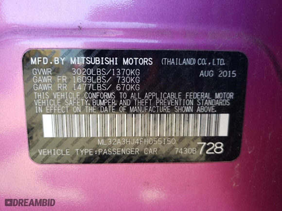 2015 Mitsubishi Mirage DE with VIN ML32A3HJ4FH055150, listed as a Copart auction lot 53361775 with 55,736 mi miles and Salvage Title. Bid and sale history available at carsss.com. Image 14.