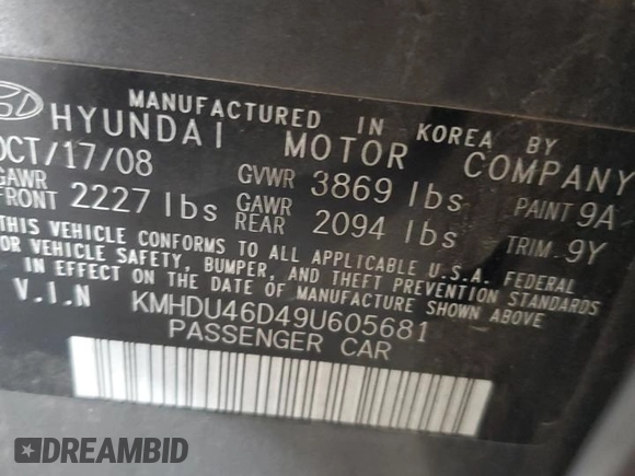 2009 Hyundai Elantra SE z VIN KMHDU46D49U605681, wystawiony jako Copart lot #55157225 z przebiegiem 220 774 mil mil oraz Szkoda całkowita • Salvage title. Historia ofert i sprzedaży dostępna na DreamBid. Obrazek 12.