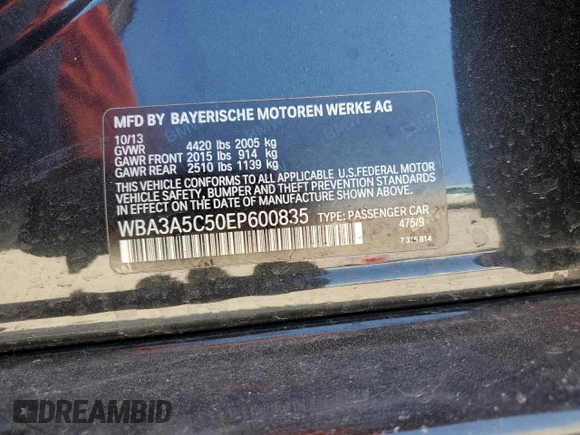 2014 BMW 3 Series 328i с VIN WBA3A5C50EP600835, выставлен на аукционе Copart как лот 48717465 с пробегом Не указан миль и Списание • Salvage title. История ставок и продаж доступна на DreamBid. Изображение 14.