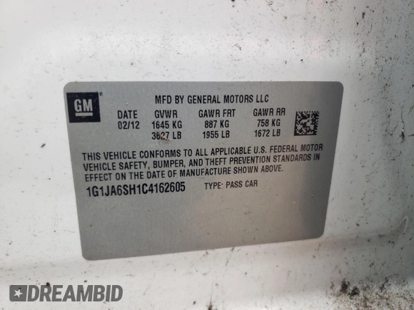 2012 Chevrolet Sonic LS z VIN 1G1JA6SH1C4162605, wystawiony jako Copart lot #88037145 z przebiegiem 117 164 mil mil oraz Nie do naprawy • Non repairable. Historia ofert i sprzedaży dostępna na DreamBid. Obrazek 12.