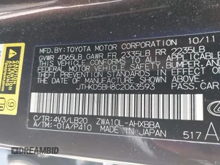 2012 Lexus CT 200h с VIN JTHKD5BH8C2063593, выставлен на аукционе IAAI как лот 42446929 с пробегом 233 672 миль миль и . История ставок и продаж доступна на DreamBid. Изображение 9.