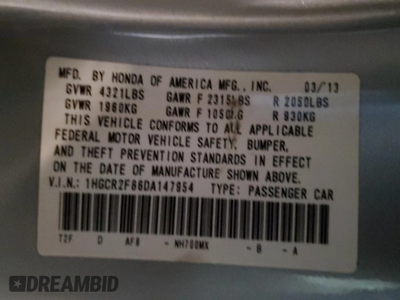 2013 Honda Accord Sdn EX-L with VIN 1HGCR2F86DA147954, listed as a Copart auction lot 45947215 with 81,791 mi miles and Salvage Title. Bid and sale history available at carsss.com. Image 12.