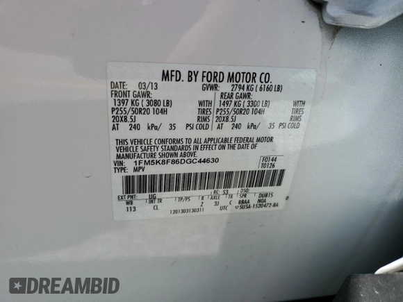 2013 Ford Explorer Limited z VIN 1FM5K8F86DGC44630, wystawiony jako Copart lot #55729575 z przebiegiem 130 126 mil mil oraz Szkoda całkowita • Salvage title. Historia ofert i sprzedaży dostępna na DreamBid. Obrazek 12.