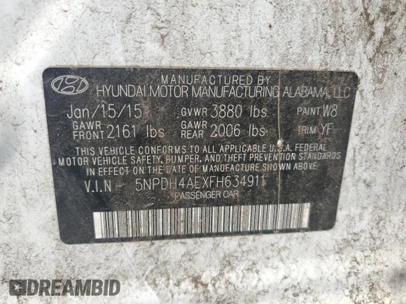 2015 Hyundai Elantra SE with VIN 5NPDH4AEXFH634911, listed as a Copart auction lot 62707805 with 133,676 mi miles and Salvage title. Bid and sale history available at DreamBid. Image 12.