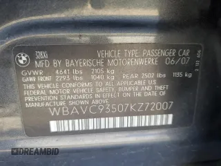 2007 BMW 3 Series 328xi with VIN WBAVC93507KZ72007, listed as a Copart auction lot 46327325 with 144,556 mi miles and Salvage Title. Bid and sale history available at carsss.com. Image 12.