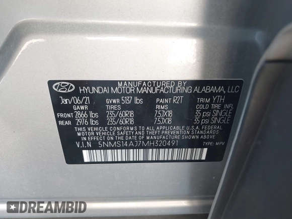 2021 Hyundai Santa Fe SE with VIN 5NMS14AJ7MH320491, listed as a IAAI auction lot 41773594 with 98,440 mi miles. Bid and sale history available at carsss.com. Image 9.