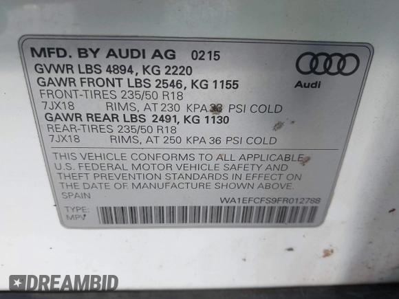 2015 Audi Q3 Premium Plus with VIN WA1EFCFS9FR012788, listed as a IAAI auction lot 41655224 with 129,080 mi miles and . Bid and sale history available at DreamBid. Image 9.