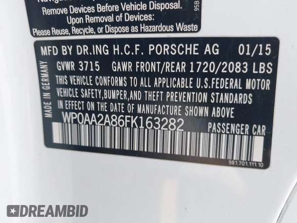 2015 Porsche Cayman with VIN WP0AA2A86FK163282, listed as a IAAI auction lot 42001118 with 101,495 mi miles and . Bid and sale history available at DreamBid. Image 9.