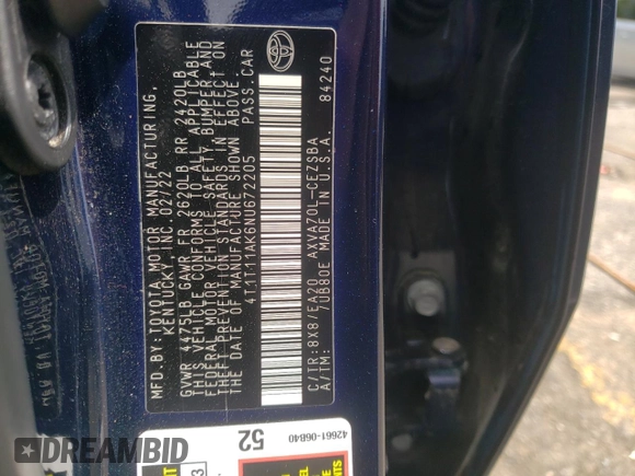 2022 Toyota Camry SE with VIN 4T1T11AK6NU672205, listed as a Copart auction lot 51483335 with 56,649 mi miles and Salvage Title. Bid and sale history available at carsss.com. Image 12.