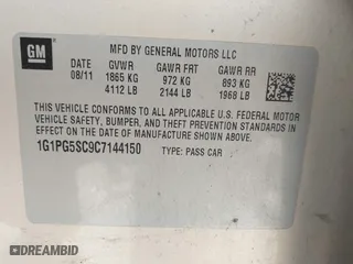 2012 Chevrolet Cruze LT w/2LT with VIN 1G1PG5SC9C7144150, listed as a IAAI auction lot 42113185 with 152,398 mi miles. Bid and sale history available at carsss.com. Image 9.