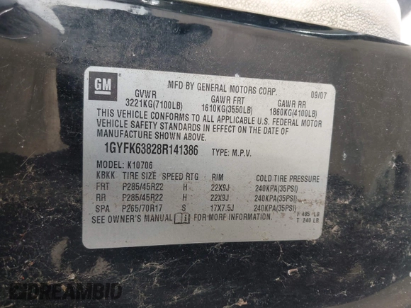 2008 Cadillac Escalade z VIN 1GYFK63828R141386, wystawiony jako IAAI lot #42069821 z przebiegiem Nie podano mil oraz . Historia ofert i sprzedaży dostępna na DreamBid. Obrazek 9.