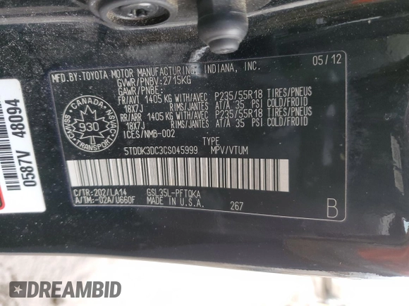 2012 Toyota Sienna XLE with VIN 5TDDK3DC3CS045999, listed as a Copart auction lot 47673225 with 290,448 mi miles and Salvage Title. Bid and sale history available at carsss.com. Image 14.