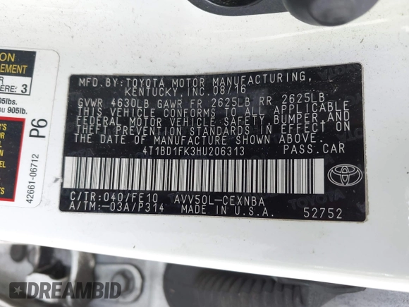 2017 Toyota Camry Hybrid LE with VIN 4T1BD1FK3HU206313, listed as a IAAI auction lot 41479110 with 416,578 mi miles. Bid and sale history available at carsss.com. Image 9.