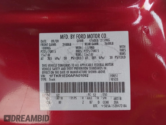 2010 Ford Ranger XL with VIN 1FTKR1ED0APA01092, listed as a IAAI auction lot 42327462 with 140,514 mi miles and . Bid and sale history available at DreamBid. Image 9.