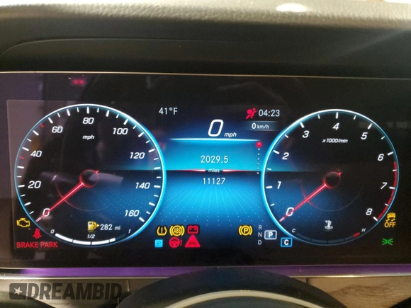 2023 Mercedes-Benz E 350 with VIN W1KZF8EB3PB186989, listed as a Copart auction lot 43712505 with 11,127 mi miles and Salvage Title. Bid and sale history available at DreamBid. Image 9.