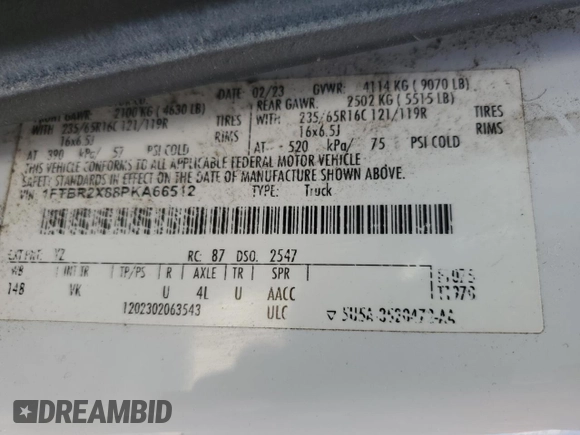 2023 Ford Transit Cargo with VIN 1FTBR2X88PKA66512, listed as a Copart auction lot 58451445 with 74,819 mi miles and Salvage title. Bid and sale history available at DreamBid. Image 13.