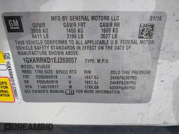 2014 GMC Acadia SLT with VIN 1GKKRRKD1EJ260657, listed as a IAAI auction lot 41383103 with 154,915 mi miles. Bid and sale history available at carsss.com. Image 9.