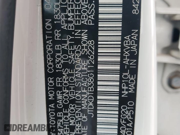 2016 Toyota Prius One with VIN JTDKDTB38G1126228, listed as a Copart auction lot 53102385 with 123,884 mi miles and Clean Title. Bid and sale history available at DreamBid. Image 12.