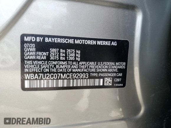 2021 BMW 7 Series 750i xDrive with VIN WBA7U2C07MCE92993, listed as a Copart auction lot 47550495 with 34,985 mi miles and Non repairable. Bid and sale history available at DreamBid. Image 13.