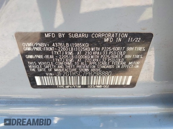 2023 Subaru Crosstrek Special Sports with VIN JF2GTHSC7PH298880, listed as a IAAI auction lot 42452274 with 30,220 mi miles and . Bid and sale history available at DreamBid. Image 9.