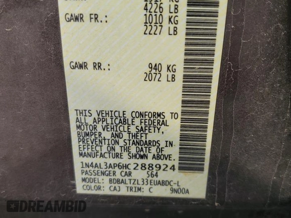 2017 Nissan Altima SL with VIN 1N4AL3AP6HC288924, listed as a Copart auction lot 42353545 with 291,706 mi miles and Salvage title. Bid and sale history available at DreamBid. Image 14.