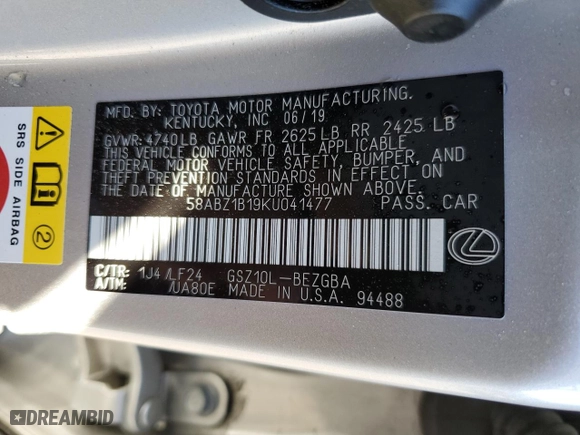 2019 Lexus ES with VIN 58ABZ1B19KU041477, listed as a Copart auction lot 48473885 with NaN miles and Salvage Title. Bid and sale history available at carsss.com. Image 12.