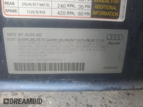 2008 Audi A3 z VIN WAUNF78P08A040421, wystawiony jako Copart lot #57497415 z przebiegiem 135 032 mil mil oraz Szkoda całkowita • Salvage title. Historia ofert i sprzedaży dostępna na DreamBid. Obrazek 12.