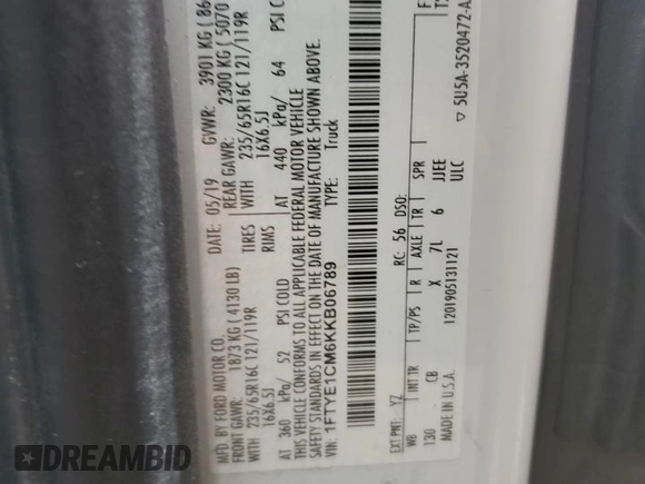 2019 Ford Transit with VIN 1FTYE1CM6KKB06789, listed as a Copart auction lot 44829875 with 98,252 mi miles and Salvage Title. Bid and sale history available at DreamBid. Image 13.