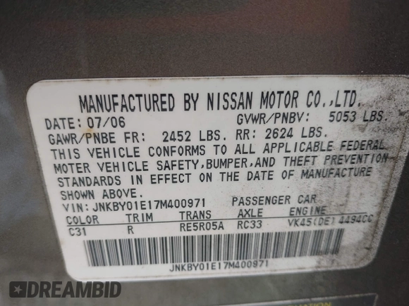 2007 Infiniti M45 Sdn with VIN JNKBY01E17M400971, listed as a IAAI auction lot 41689162 with 214,776 mi miles. Bid and sale history available at carsss.com. Image 9.
