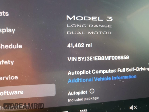 2021 Tesla Model 3 Long Range with VIN 5YJ3E1EB8MF006859, listed as a Copart auction lot 50344475 with 41,462 mi miles and Salvage Title. Bid and sale history available at DreamBid. Image 9.