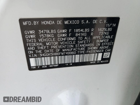 2015 Honda Fit EX-L with VIN 3HGGK5H86FM749960, listed as a Copart auction lot 49950685 with 113,199 mi miles and Salvage title. Bid and sale history available at DreamBid. Image 13.