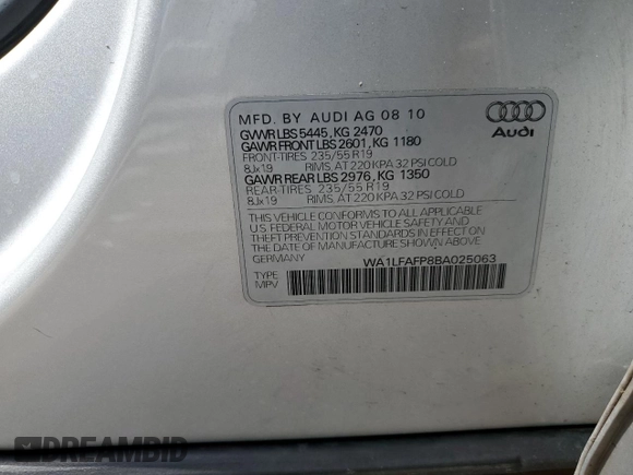 2011 Audi Q5 Premium Plus with VIN WA1LFAFP8BA025063, listed as a Copart auction lot 55087725 with 125,714 mi miles and Salvage title. Bid and sale history available at DreamBid. Image 13.