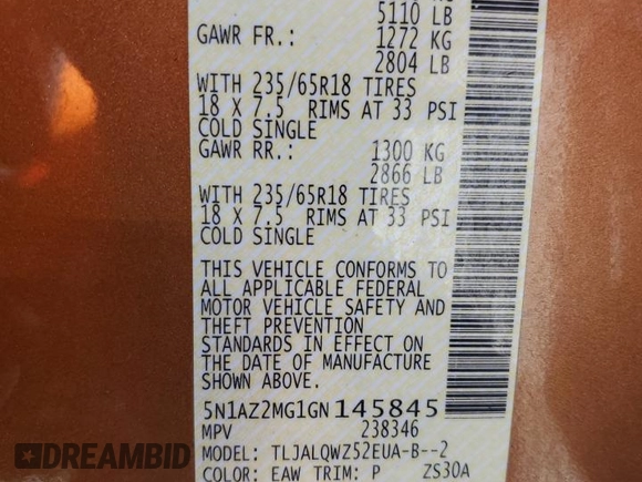 2016 Nissan Murano SV z VIN 5N1AZ2MG1GN145845, wystawiony jako Copart lot #53583945 z przebiegiem 104 065 mil mil oraz Szkoda całkowita • Salvage title. Historia ofert i sprzedaży dostępna na DreamBid. Obrazek 16.