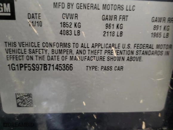 2011 Chevrolet Cruze LT w/1LT with VIN 1G1PF5S97B7145366, listed as a Copart auction lot 53037055 with 0 mi miles and Salvage Title. Bid and sale history available at carsss.com. Image 13.