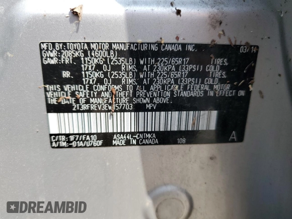2014 Toyota RAV4 XLE with VIN 2T3RFREV3EW157703, listed as a Copart auction lot 68909594 with 69,305 mi miles and Salvage Title. Bid and sale history available at carsss.com. Image 13.