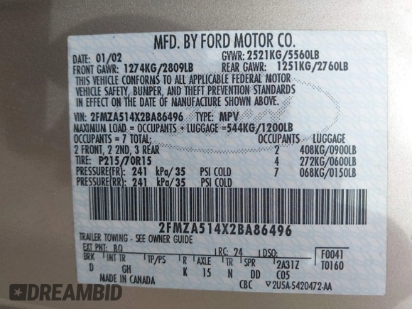 2002 Ford Windstar LX with VIN 2FMZA514X2BA86496, listed as a IAAI auction lot 42044273 with Not Provided miles and . Bid and sale history available at carsss.com. Image 9.