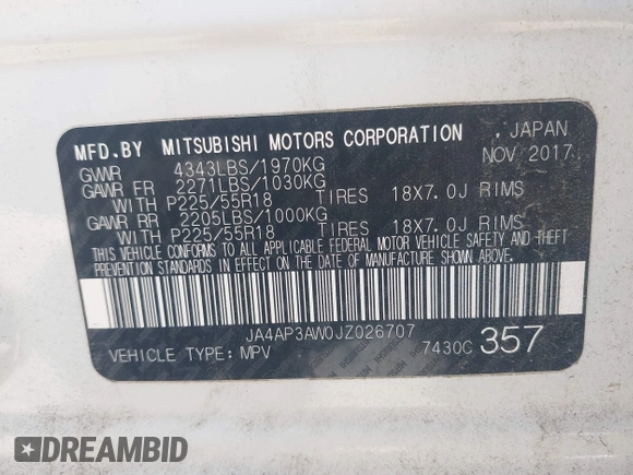 2018 Mitsubishi Outlander SE with VIN JA4AP3AW0JZ026707, listed as a IAAI auction lot 42171726 with 89,660 mi miles and . Bid and sale history available at DreamBid. Image 9.