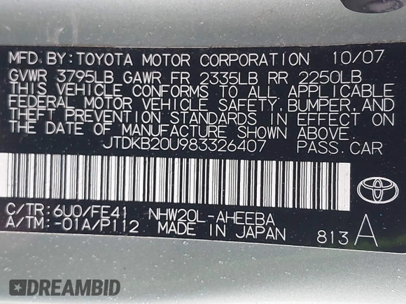 2008 Toyota Prius with VIN JTDKB20U983326407, listed as a IAAI auction lot 42192745 with Not Provided miles. Bid and sale history available at carsss.com. Image 9.