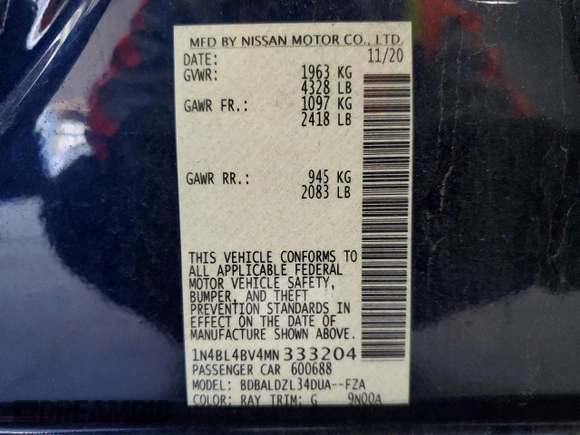 2021 Nissan Altima 2.5 S with VIN 1N4BL4BV4MN333204, listed as a Copart auction lot 48160505 with 132,818 mi miles and Salvage Title. Bid and sale history available at carsss.com. Image 12.