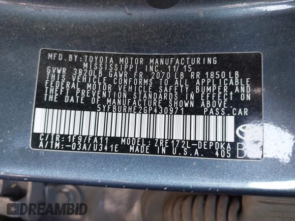 2016 Toyota Corolla L z VIN 5YFBURHE2GP430971, wystawiony jako IAAI lot #42429508 z przebiegiem 141 953 mil mil oraz . Historia ofert i sprzedaży dostępna na DreamBid. Obrazek 9.