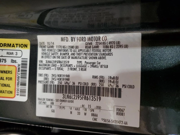 2015 Lincoln MKZ z VIN 3LN6L2J95FR613519, wystawiony jako Copart lot #59165895 z przebiegiem 117 630 mil mil oraz Szkoda całkowita • Salvage title. Historia ofert i sprzedaży dostępna na DreamBid. Obrazek 12.