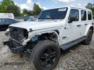 2020 Jeep Wrangler Unlimited Sahara High Altitude with VIN 1C4HJXEG5LW158608, listed as a Copart auction lot 58561685 with 104,687 mi miles and Salvage title. Bid and sale history available at DreamBid. Image 1.